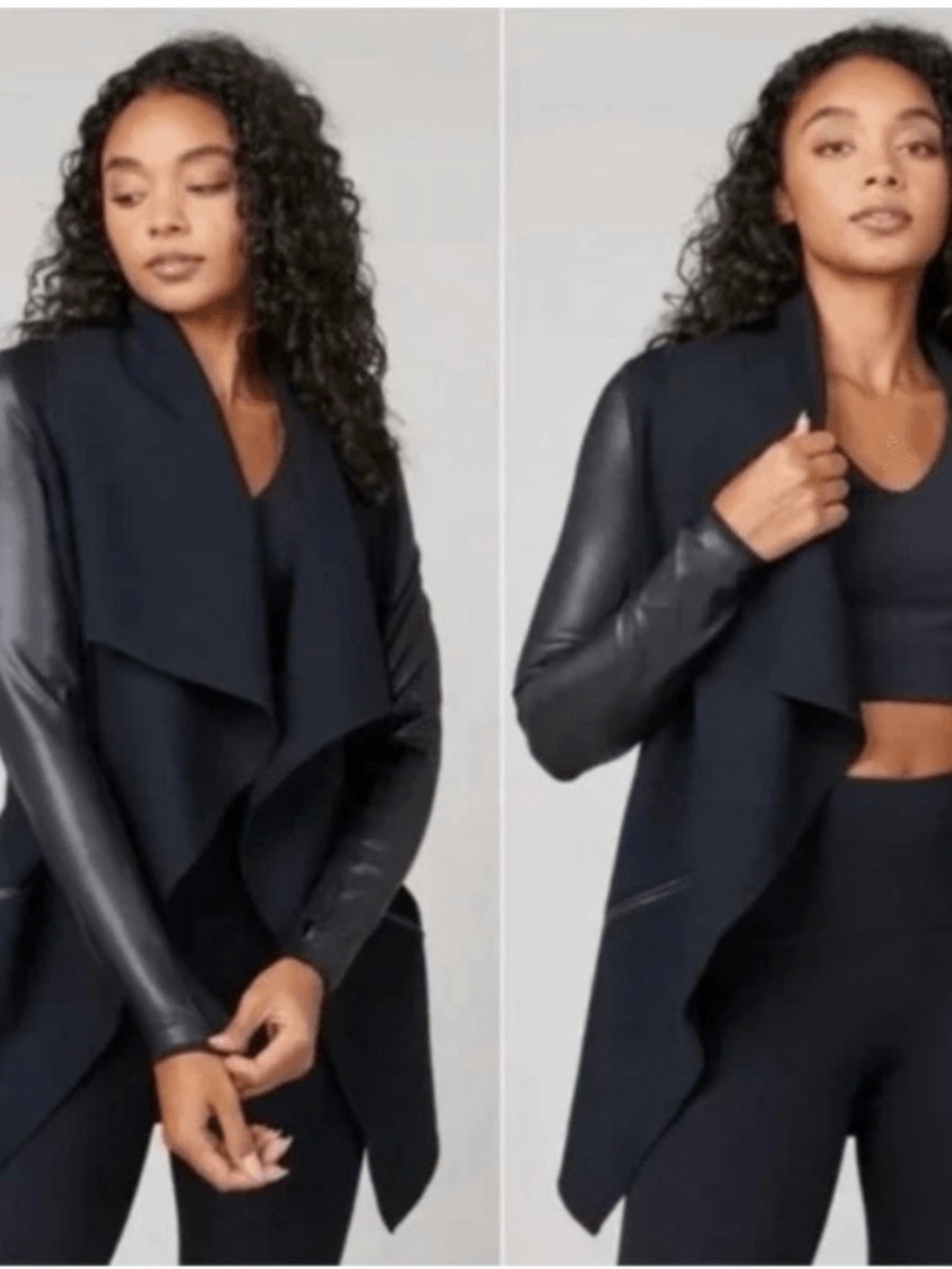 SPANX Drape Front Jacket Black Faux Leather Small Snap Layering